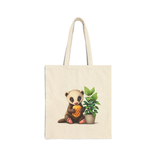 baby honey badger holding a piece of honeycomb sitting next to little monstera potted plant, cute detailed painting style