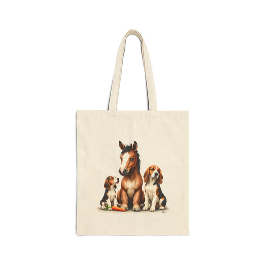 baby horse eating carrot sitting next to baby basset hound dog and baby beagle dog, detailed painting style