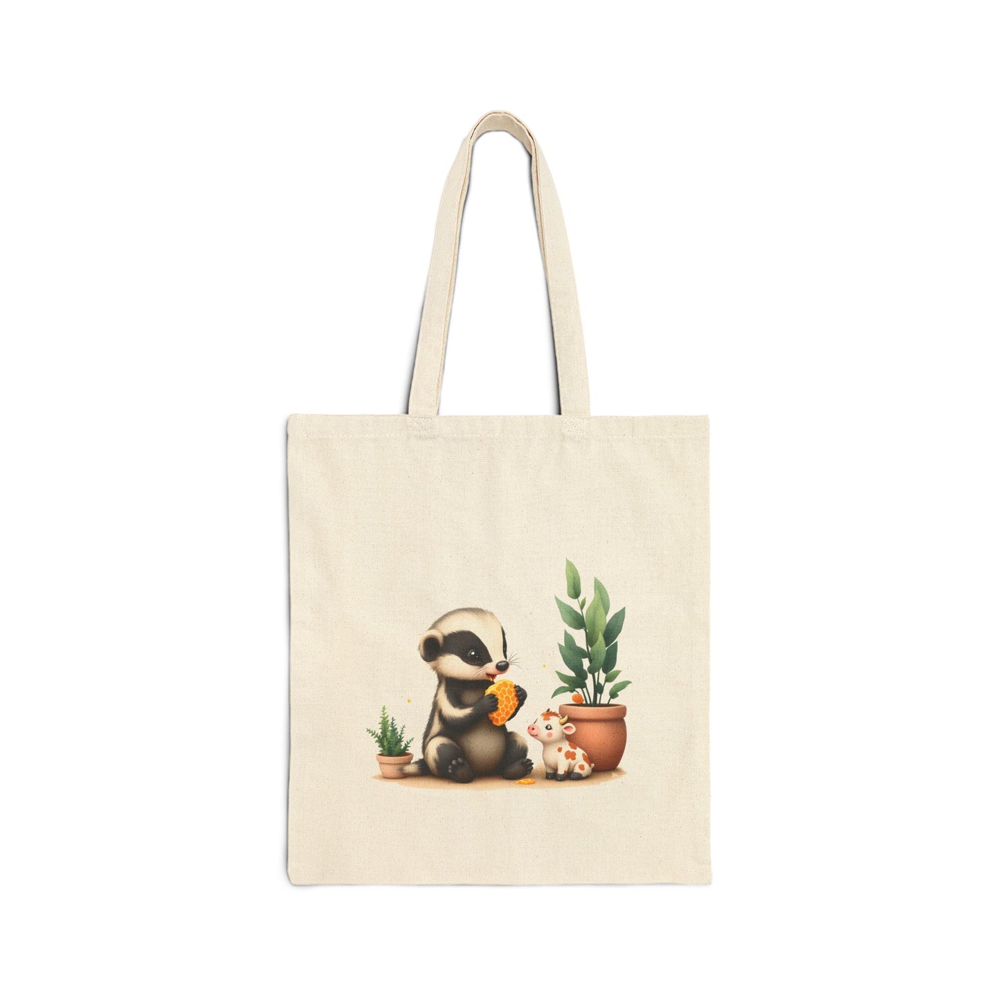 baby honey badger eating a piece of honeycomb sitting next to little monstera potted plant and baby cow, cute detailed painting style