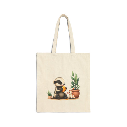 baby honey badger eating a piece of honeycomb sitting next to little monstera potted plant and baby cow, cute detailed painting style