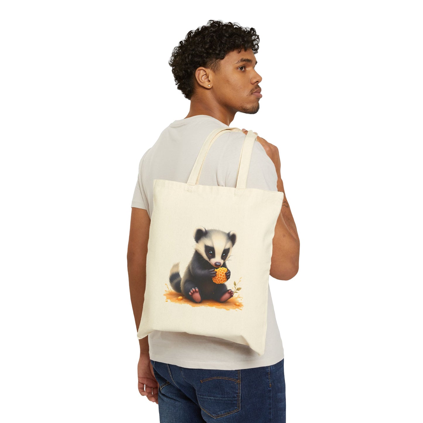 baby honey badger holding a piece of honeycomb, cute detailed painting style